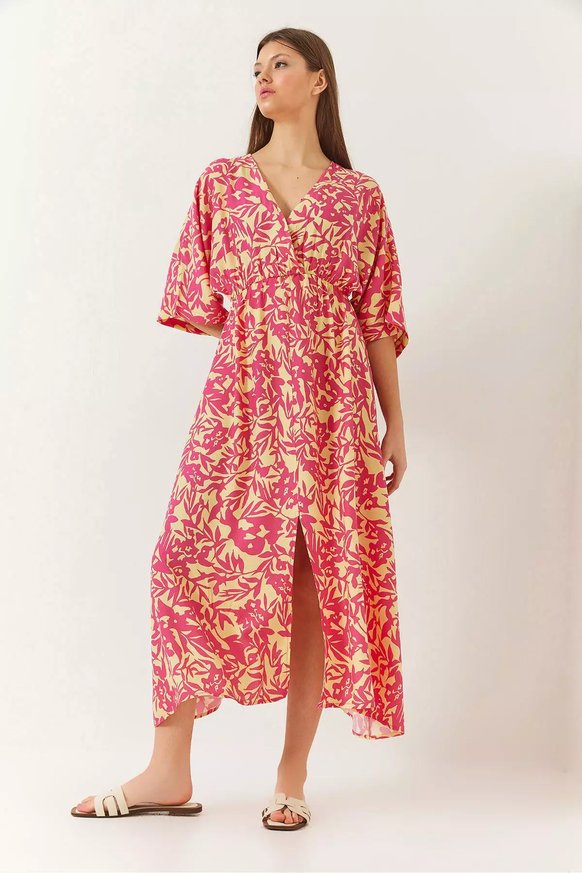 Women's Double Breasted V Neck Front Slit Detail Print Dress 60261411