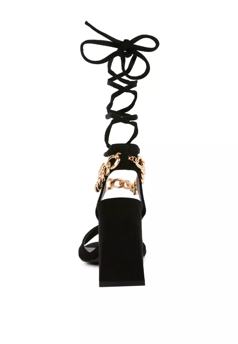 Black Chain Detail Tie Up Block Heels