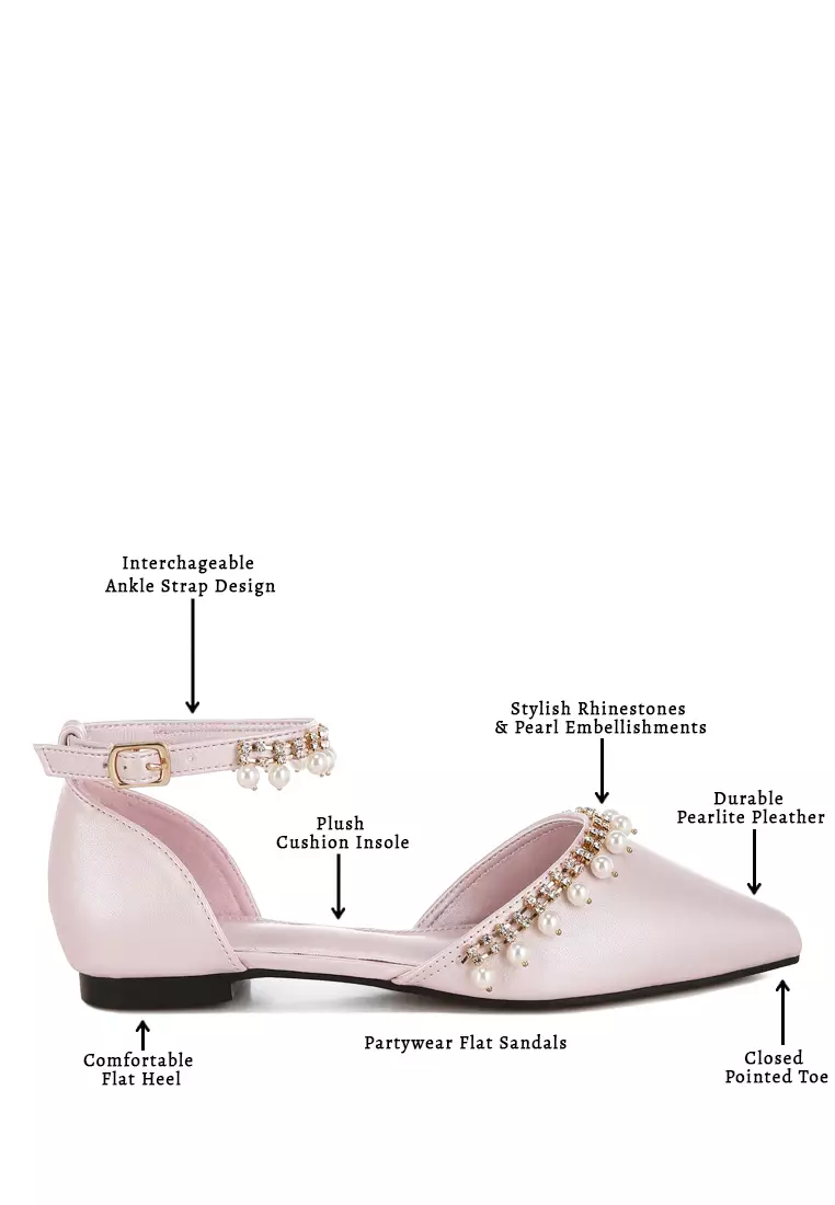 Sandal Datar Tali Pergelangan Kaki Mutiara & Berlian Imitasi Merah Muda