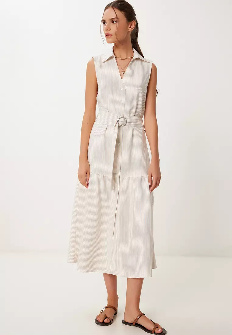 Women's Beige Bone Striped Belted Midi Shirt Dress Rg00069