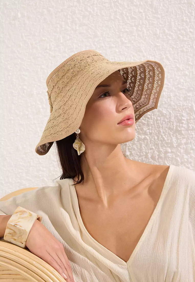 Beige Ribbon Detailed Straw Women's Beach Hat TBESS25SP00002