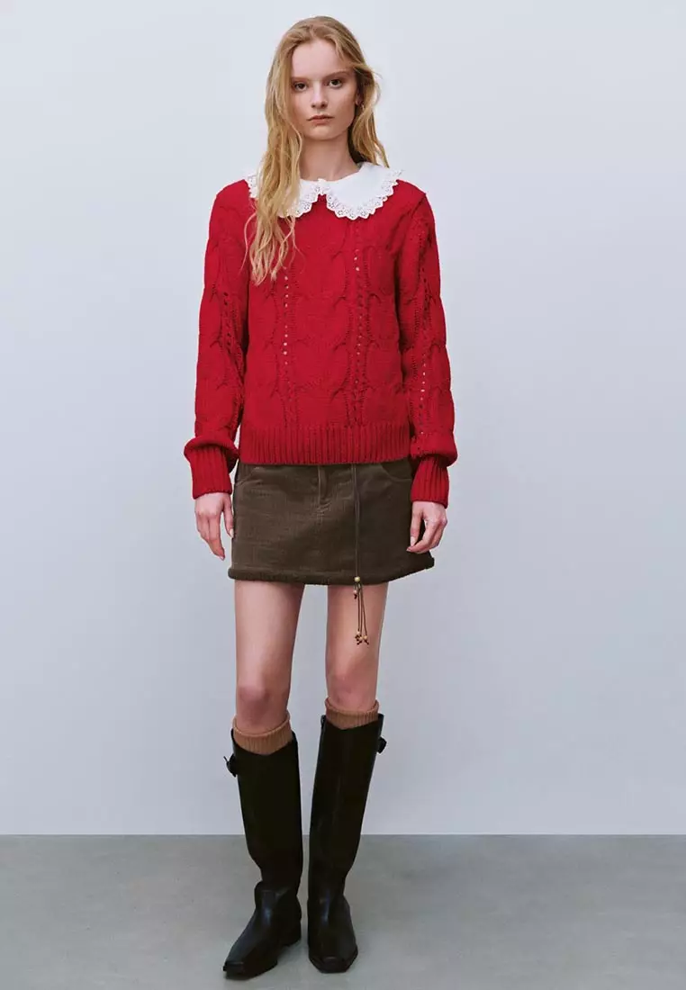 UR春季新款女装红色镂空绞花肌理感针织衫UYL950012