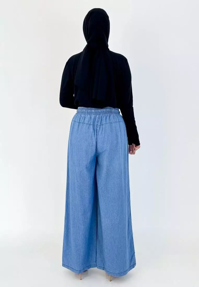 LEZAHRASIGNATURE Palazzo Emily - Celana Panjang Kulot Denim Wanita - Biru Muda