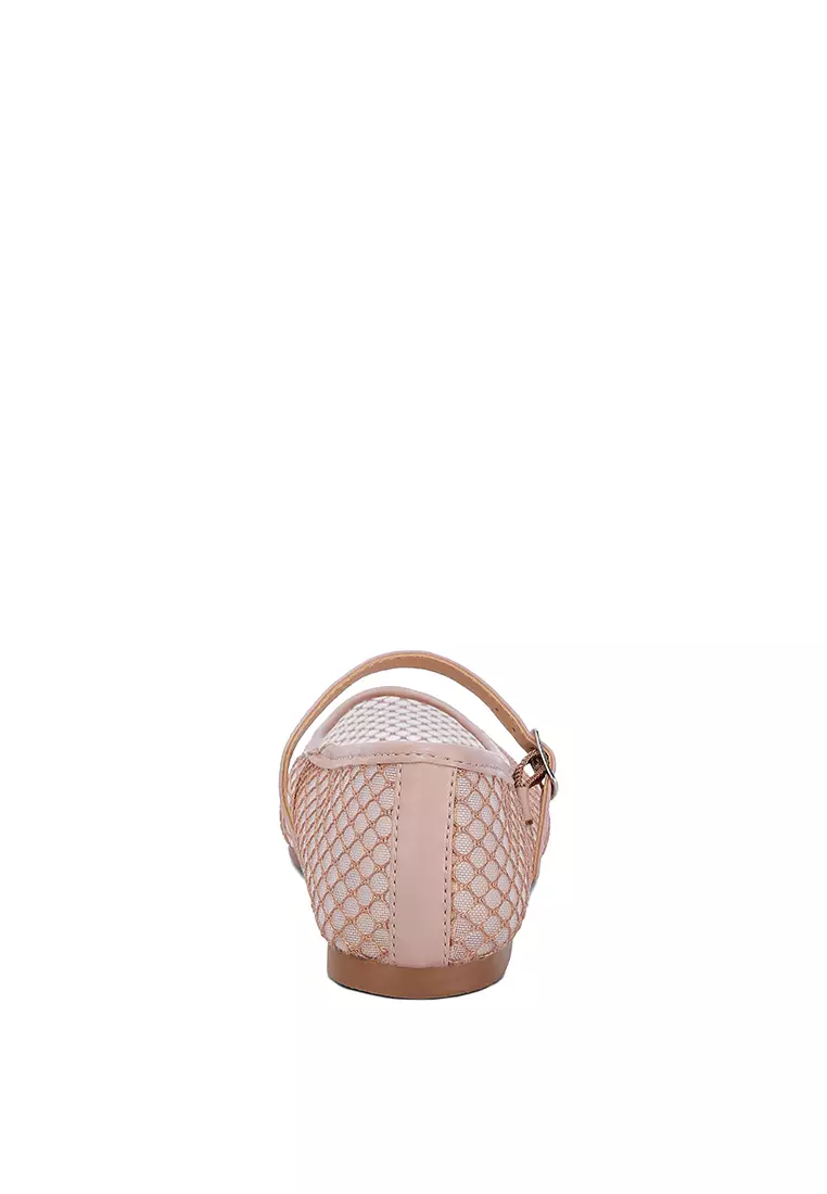 Mesh Mary Jane Flats in Camel