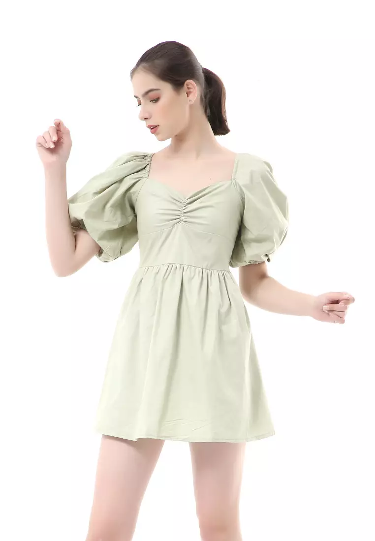 Rachel Dress Wanita Ballerina Pluffy Baloon Sleeve Simple Elegant Material Cotton ORIGINAL - Soft Green