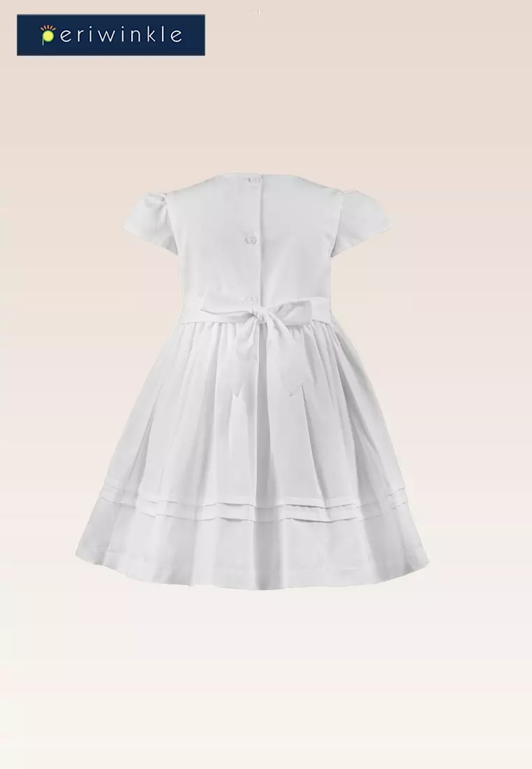 Marnie Girls White Smocked Waist and Ribbon Decorative Trim Dress
