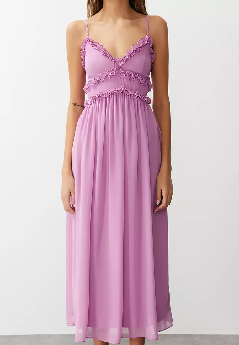 Fuchsia Floral Print A-Cut Ruffle Detailed Lined Chiffon Maxi Woven Dress