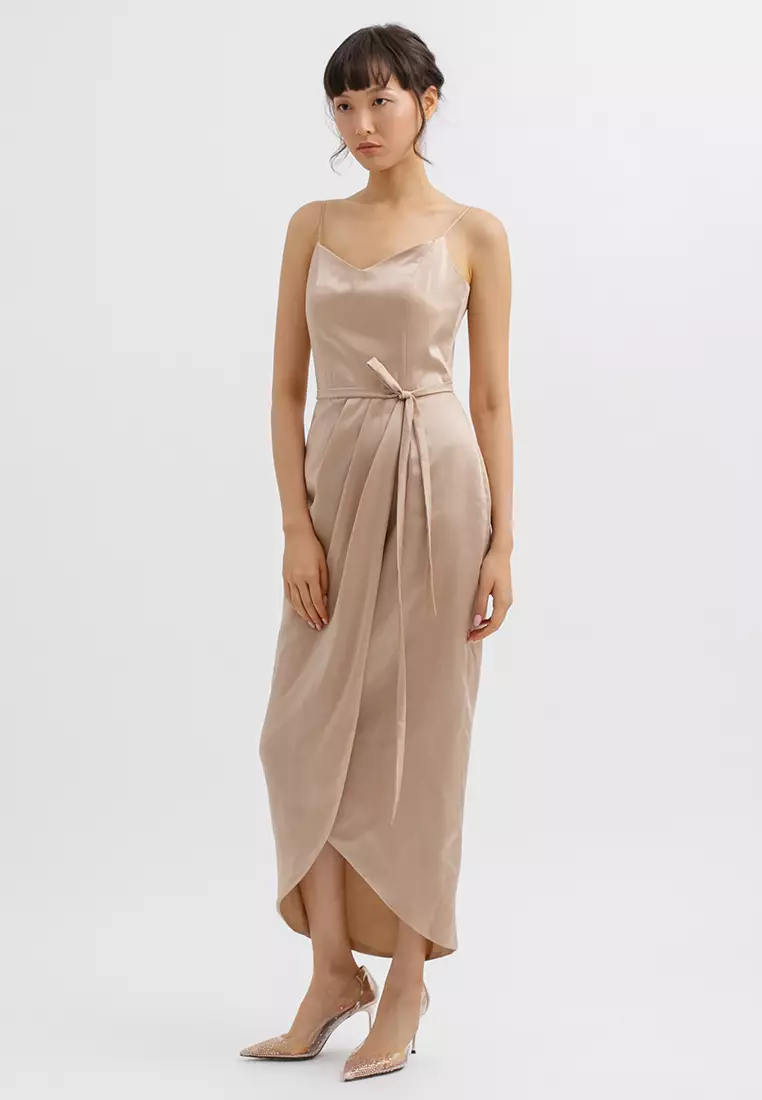 Overlap Tulip V Neck Midi Dress in Gold