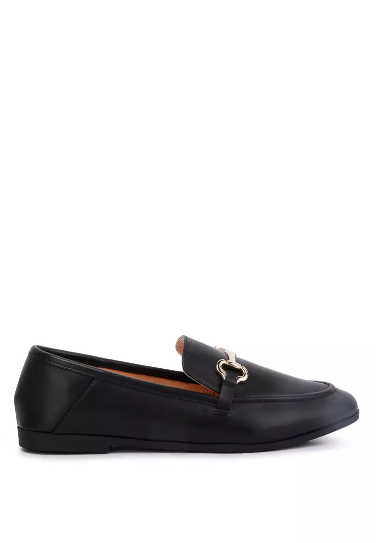 Horsebit Embellished Faux Leather Loafers in Black