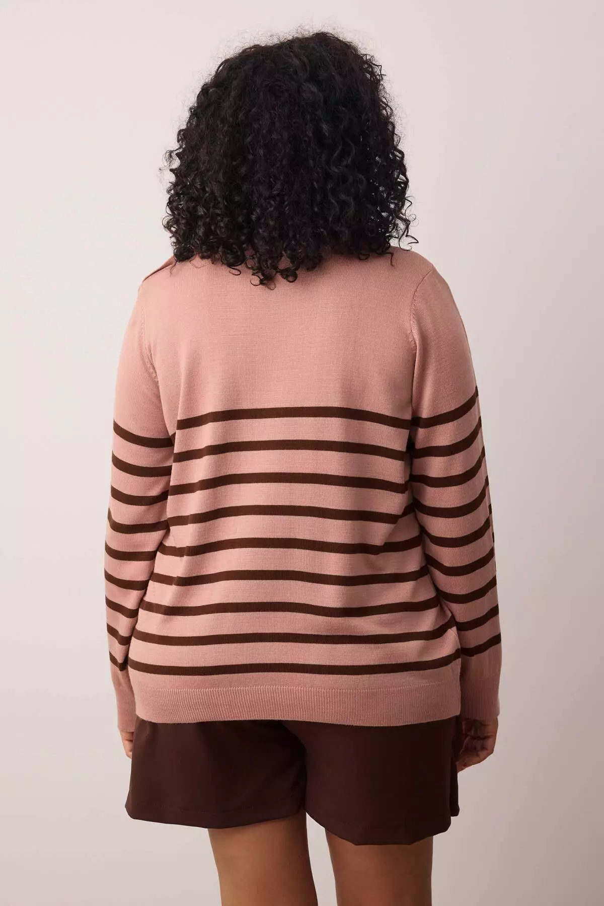 Brown-Pink Striped Crew Neck Knitwear Sweater Tbbaw23An00119