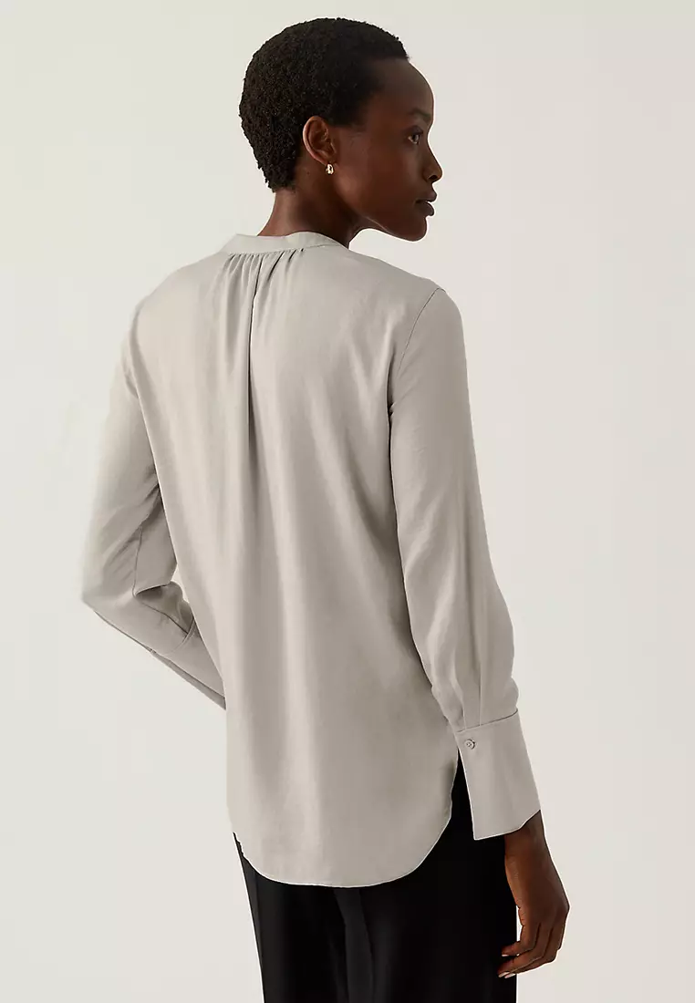 Satin V-Neck Long Sleeve Popover Blouse