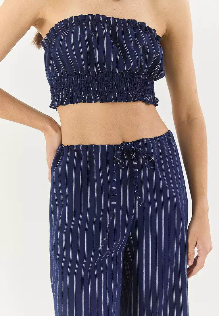 Women's Striped Gipe Detailed Crop Top Waist Drawstring Wide Leg Pants Bottom-Top Suit 60283262