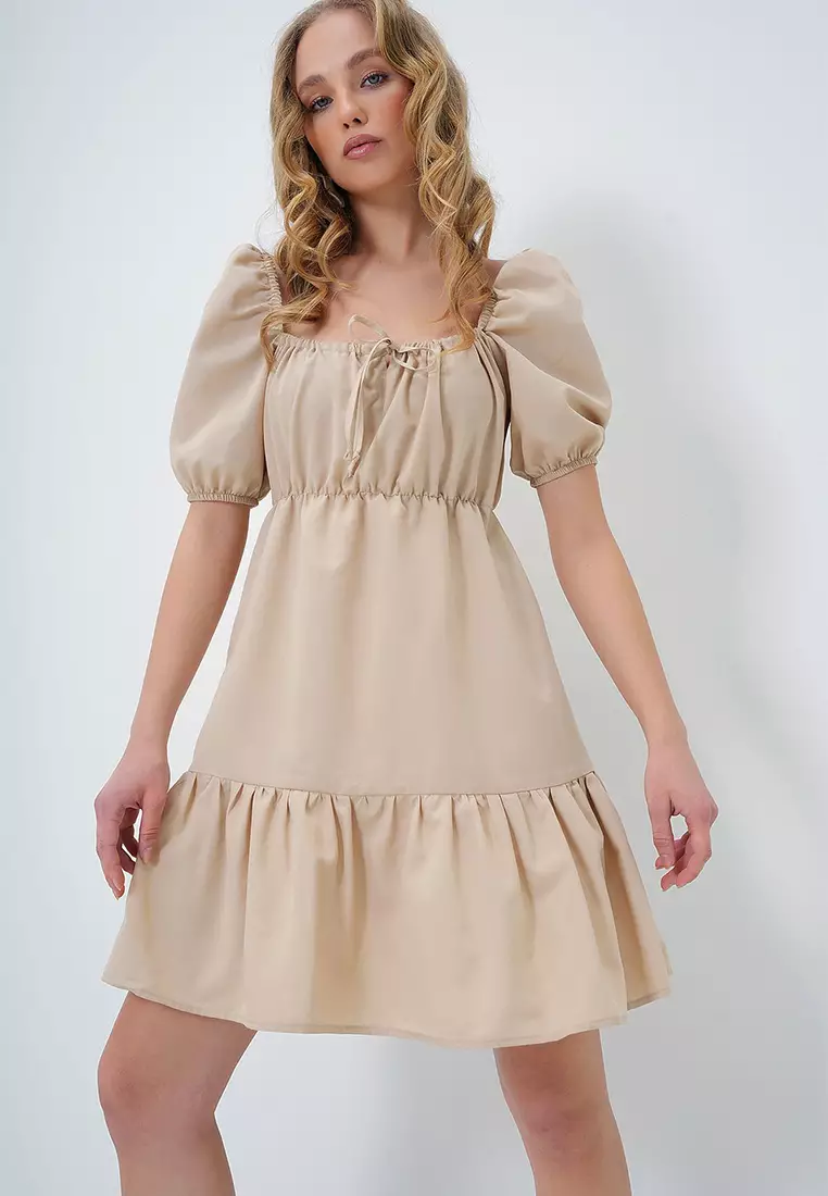 Square Neck Balloon Sleeves Poplin Mini Dress