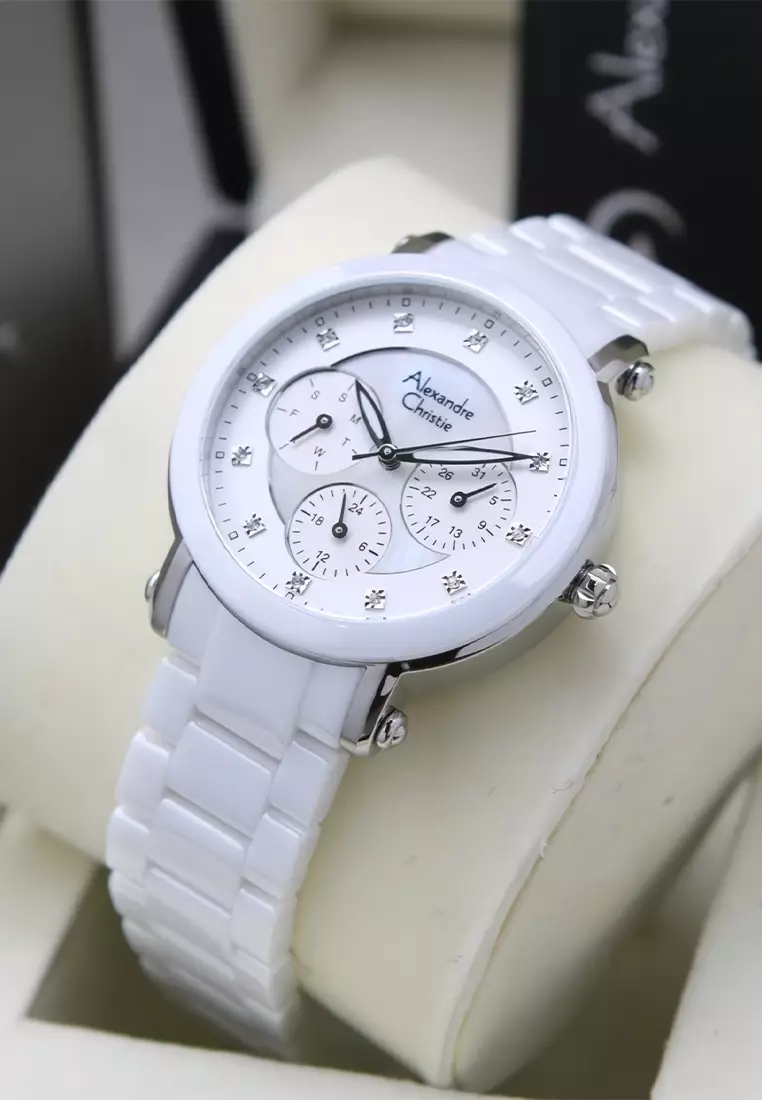 Alexandre Christie - Jam Tangan Wanita - Silver White - Ceramic Band - 2377 BFBSSSL