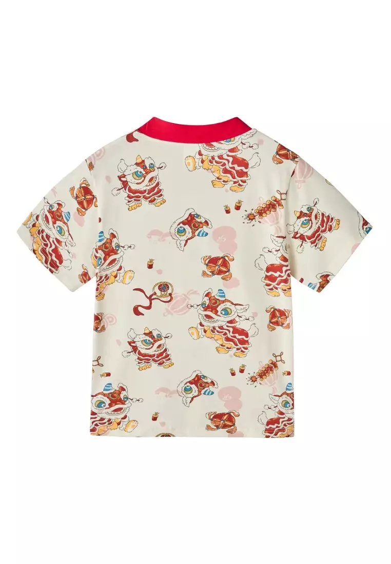 現貨 新加坡農曆新年白色醒獅主題嬰幼兒男孩唐裝上衣配短褲套裝