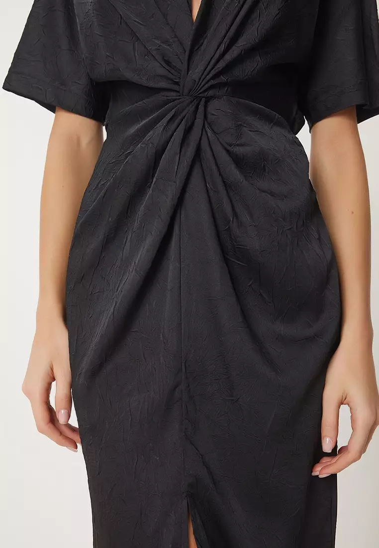Crinkle Effect Knotted Midi Dress