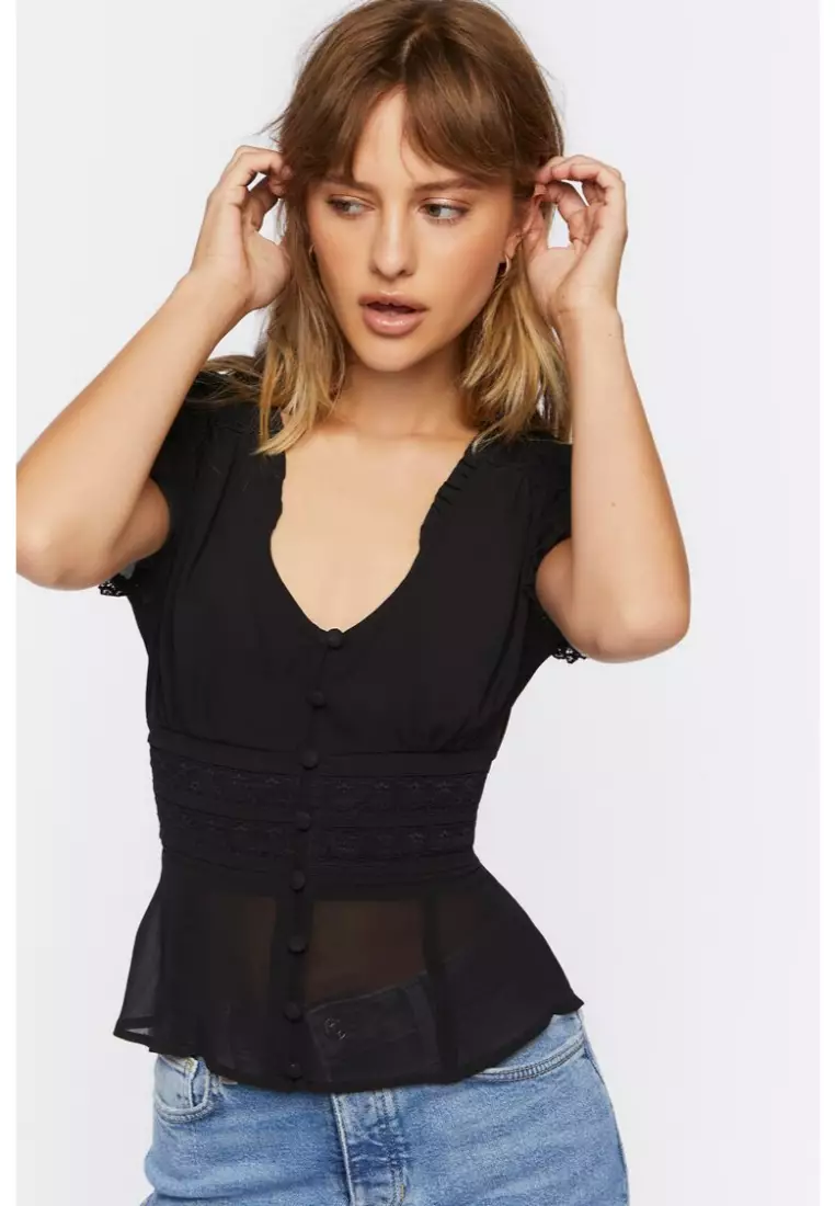 Forever 21 Women's Lace-Up Corset Crop Top in Black Small