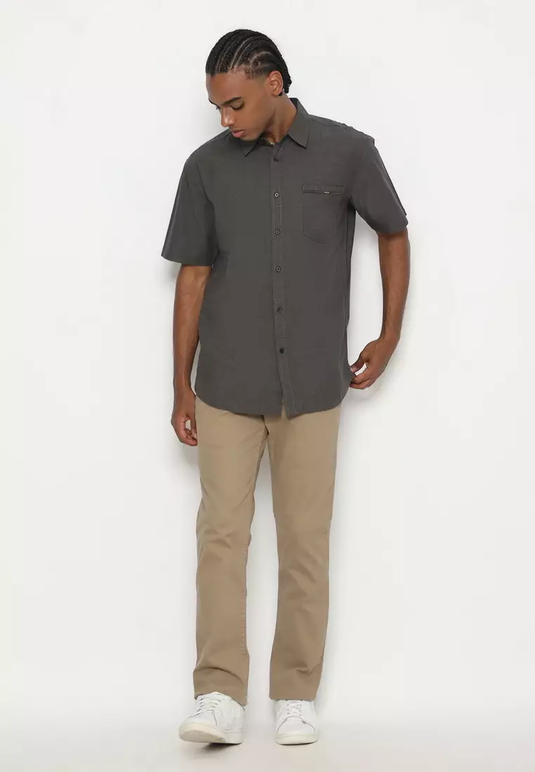 POLICE Kemeja Polos Cotton Twill Slub Hijau Tua Regular Fit Pria