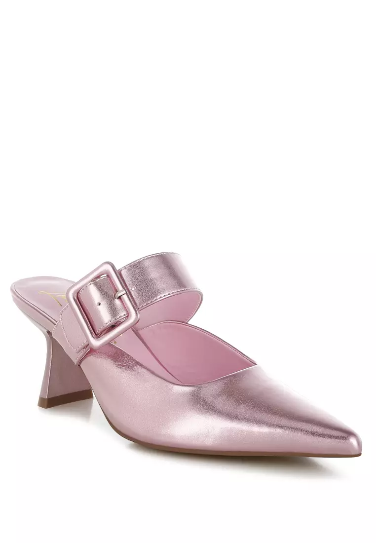 Large Buckle Kitten Heel Mules In Pink