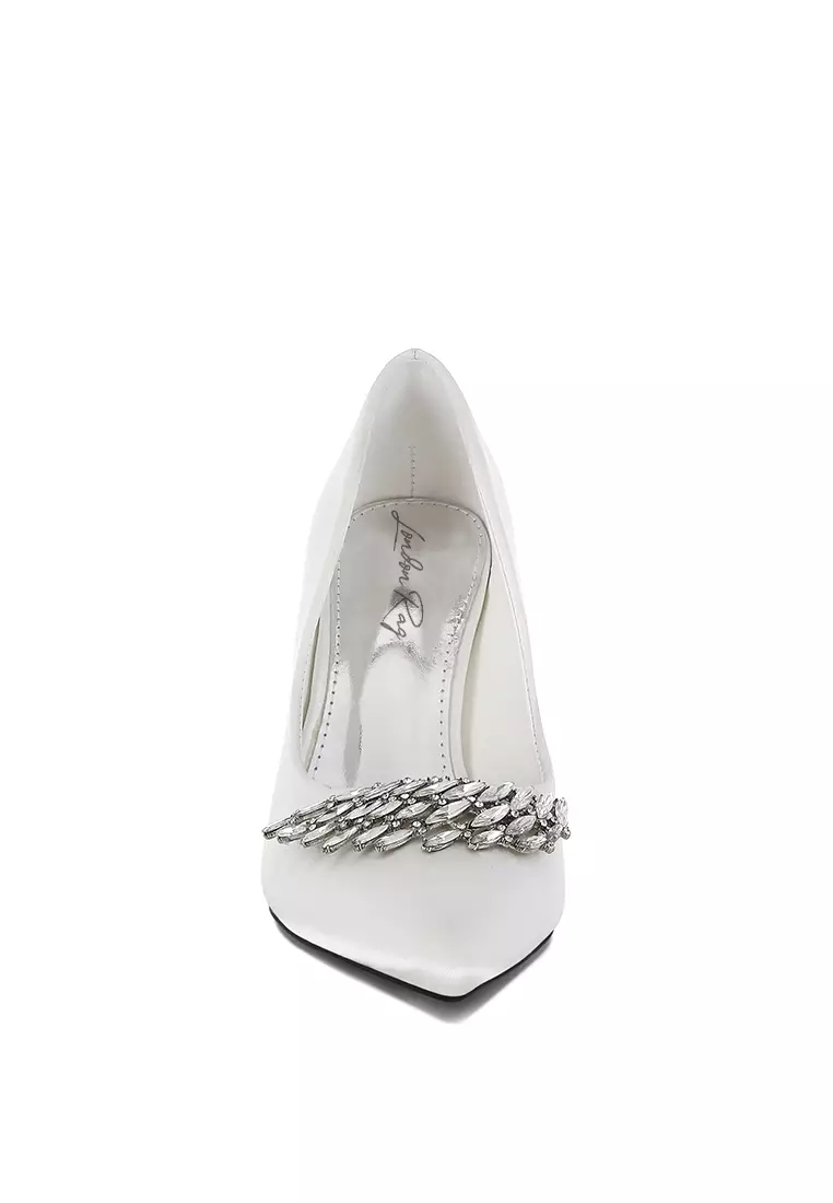 Bros Berlian Imitasi Detail Satin Pumps Warna Putih