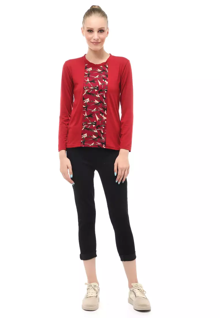 Kaos Atasan Wanita Long Sleeves Detail Motif Abstrak Slip On Style - Maroon