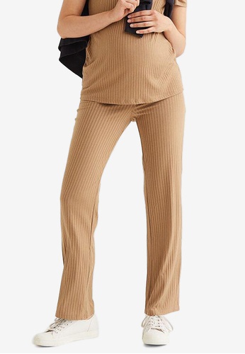 H&M beige MAMA Ribbed Trousers 2E07AAAE86543BGS_1