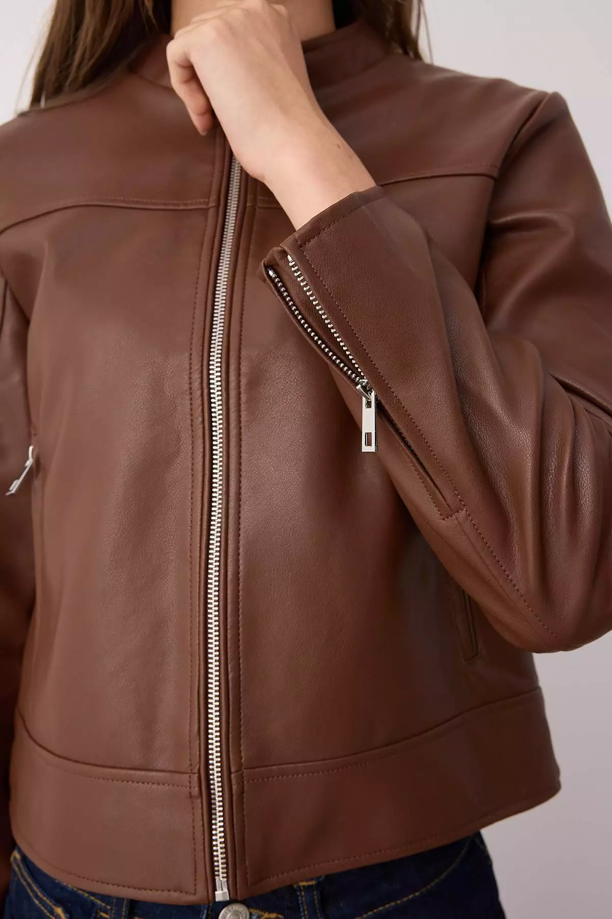 Dark Brown Fitted Mold Faux Leather Biker Slim Jacket Coats