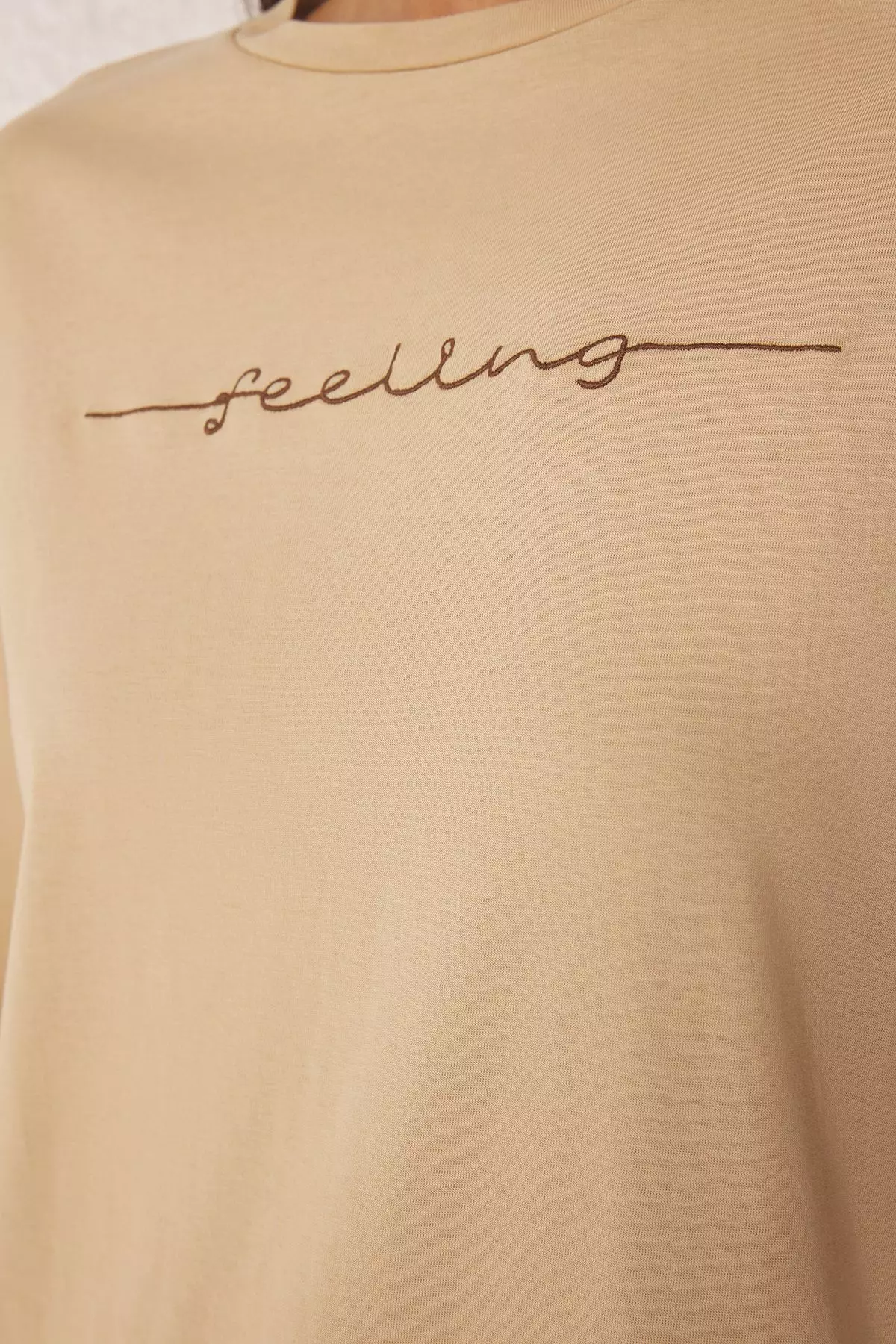 Beige Jersey Print Text Detailed Knitted T-shirt TCTSS25RT00002