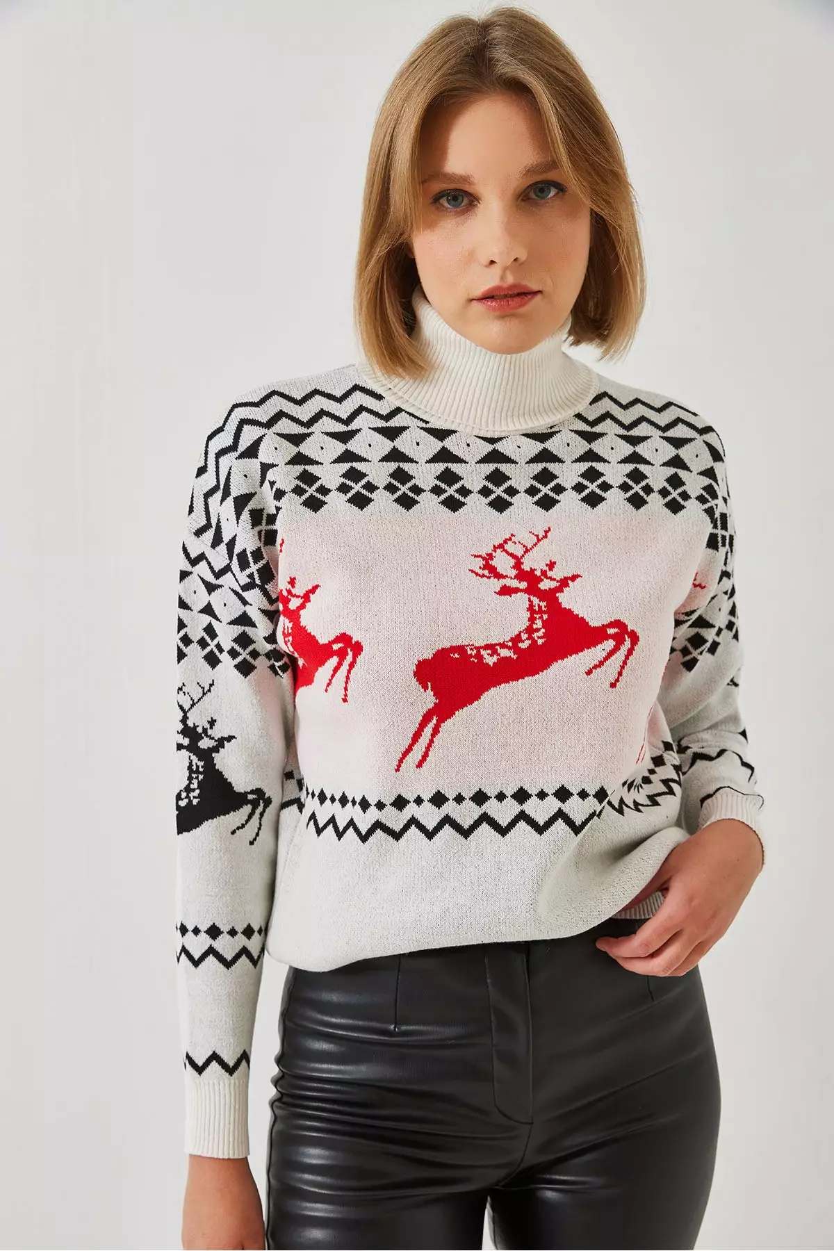 Women's Turtleneck Sweater With Deer Pattern 20246224