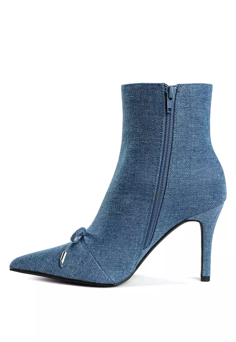 Bow Detail Denim Ankle Boots in Denim