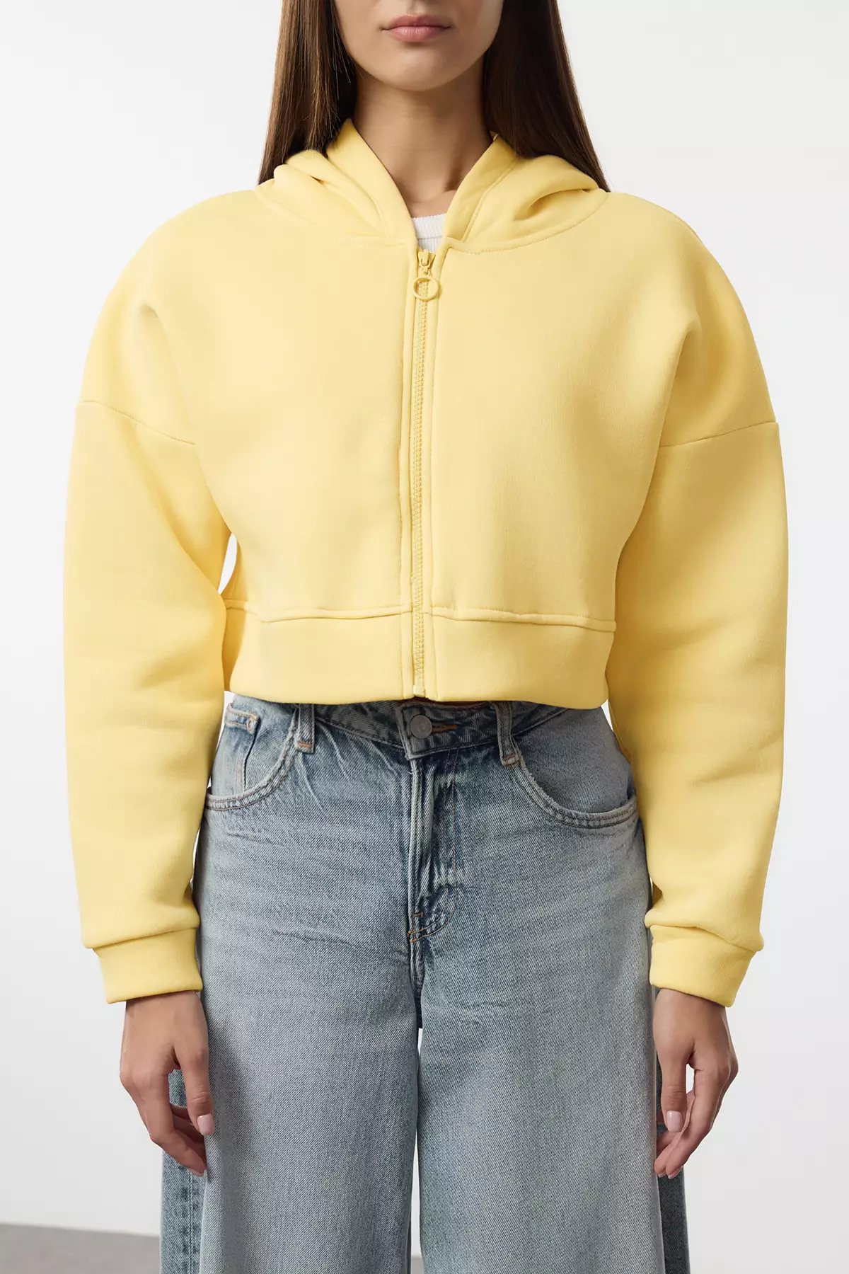 Light Yellow Zipper Hooded Relaxed Fit Crop Thick Inner Fleece Knitted Sweatshirt Twoaw2Sw66
