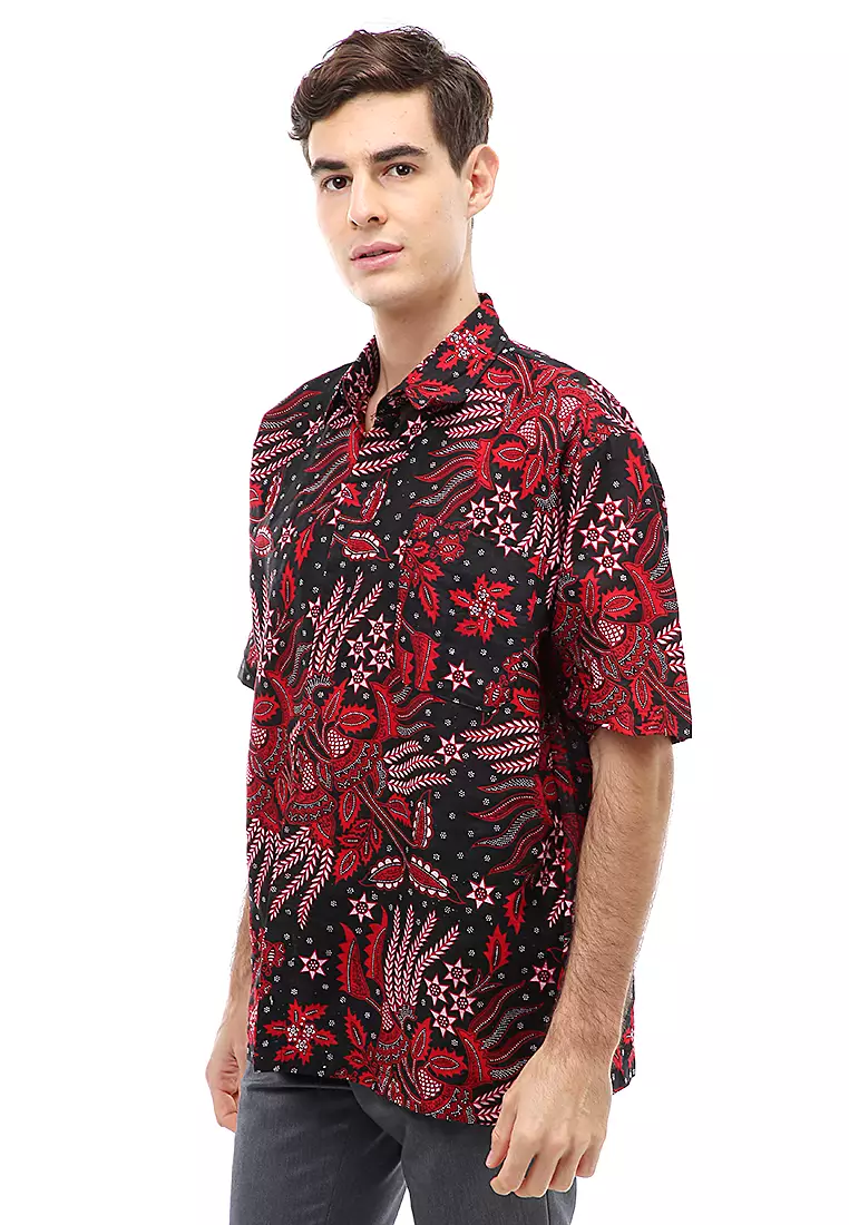 Kendrick Atasan Formal Kemeja Batik Pria Motif Manggar Abang Short Sleeve Full Furing Material Cotton ORIGINAL - Red