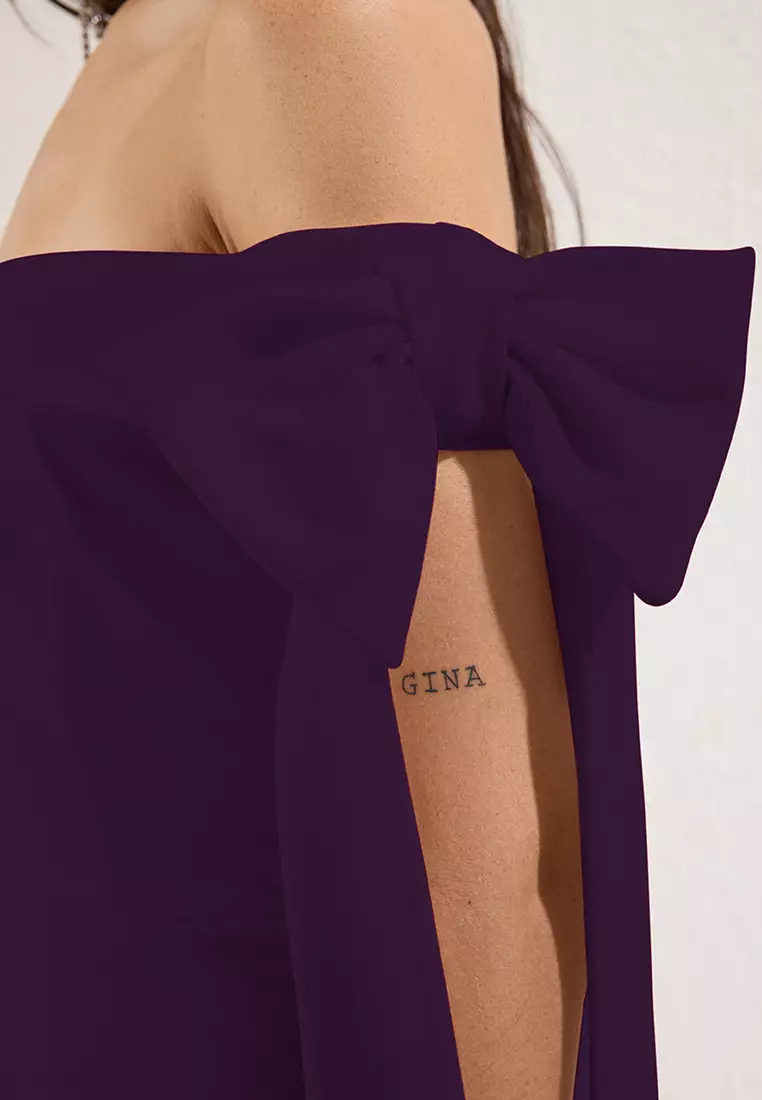 Purple Body Fitted Shoulder Bow Detail Knitted Stylish Evening Dress