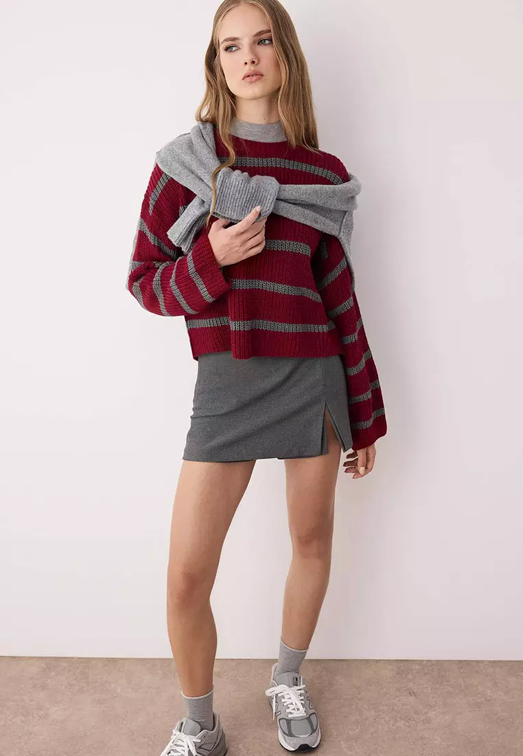 Burgundy Crop Basic Wide Fit Striped Knitwear Sweater