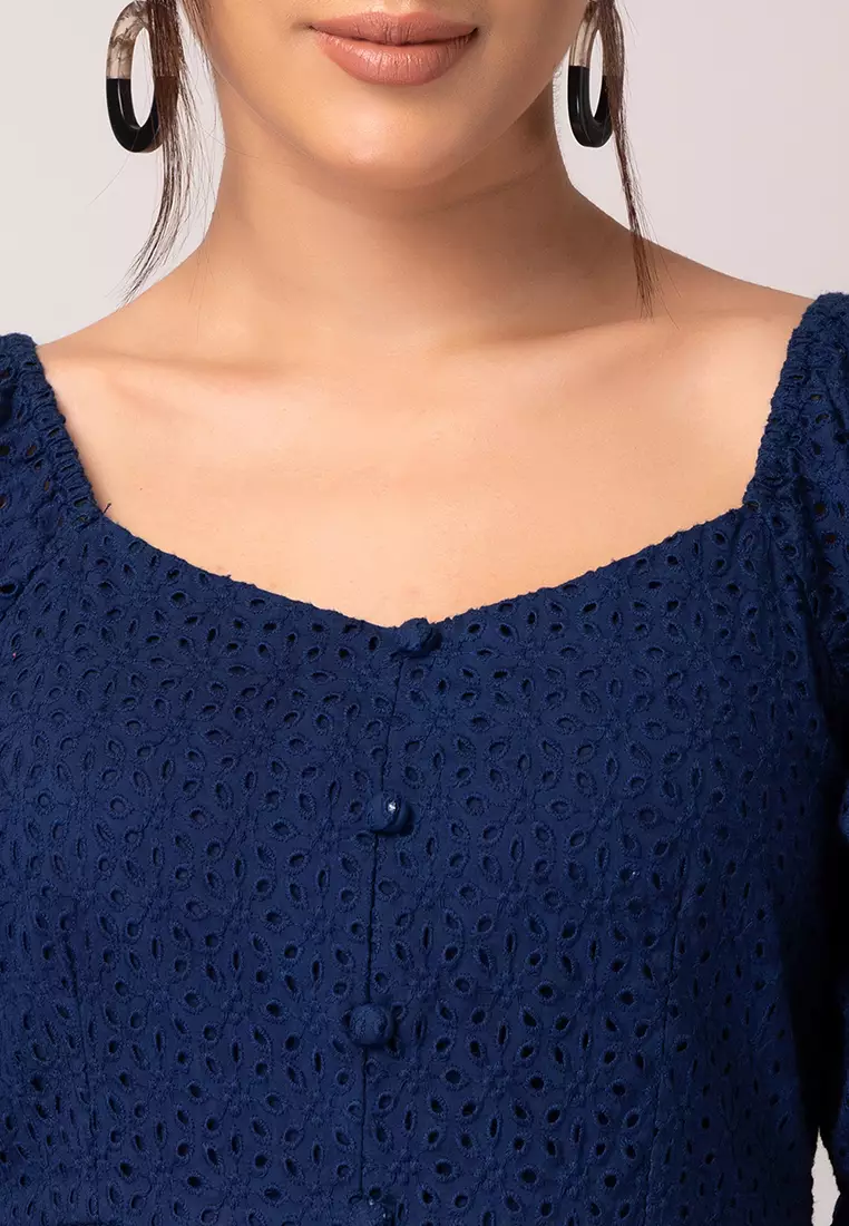 Navy Blue Schiffli Tiered Dress