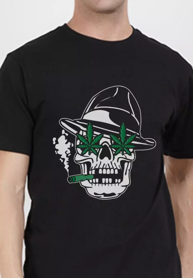 Weed Skull Print Graphic Black Short Sleeves Regular Fit Tee