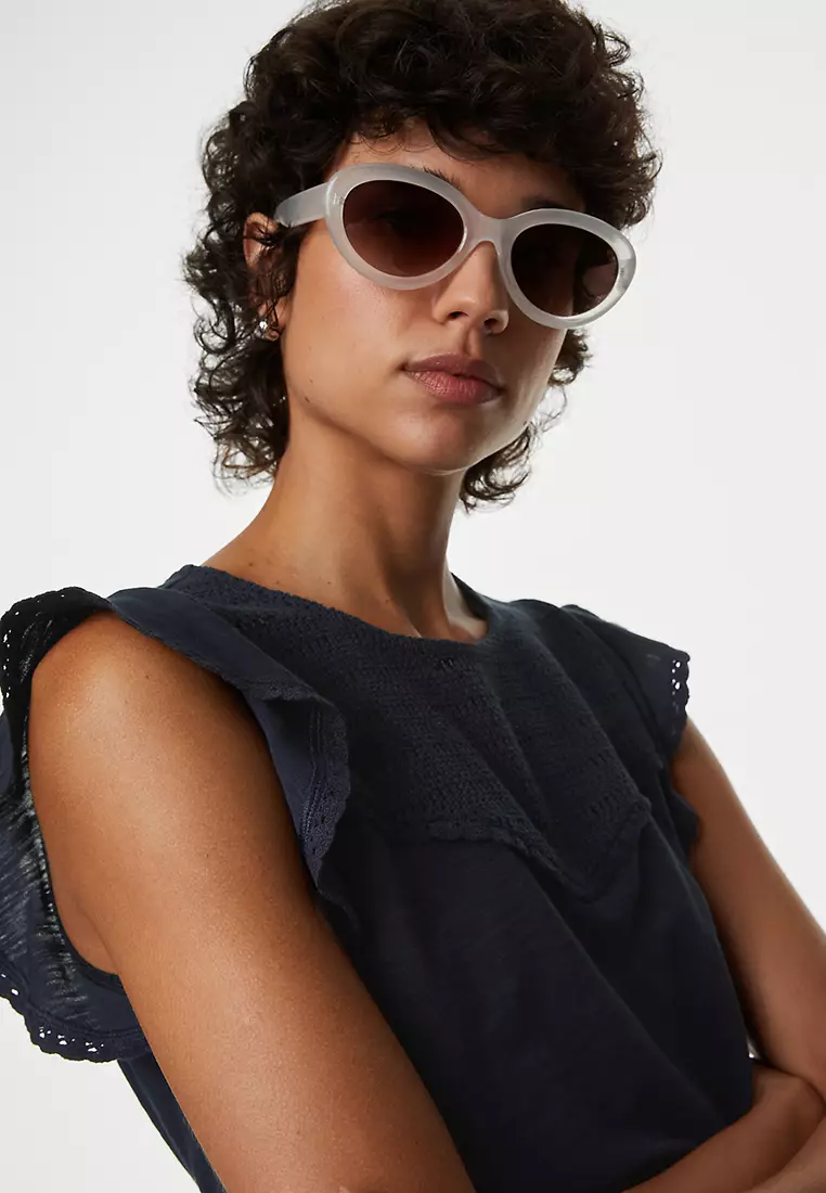 Pure Cotton Embroidered Frill Detail Top