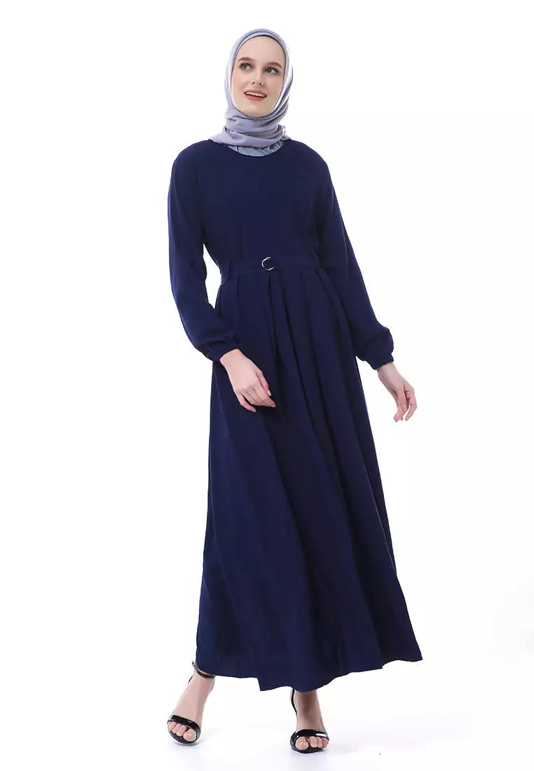 Nelly Gamis Dress Muslimah Wanita Long Sleeve Premium High Quality - Navy