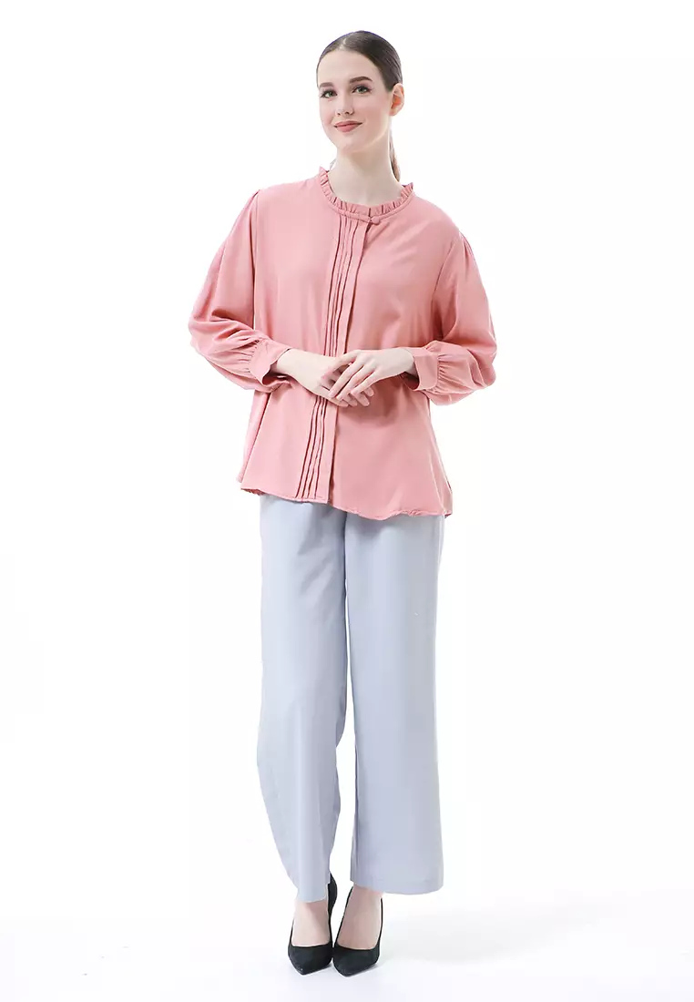 Vionka Kemeja Atasan Wanita Opnaisel Motif Polos - Peach