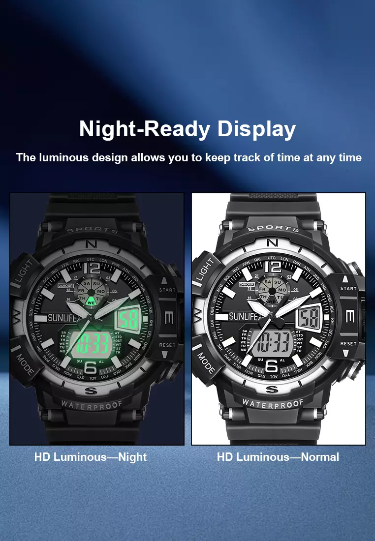Jam Tangan Pria Digital&Analog Olahraga Bercahaya Multifungsi Alarm Jam Tangan Cowok D007 blacksilver