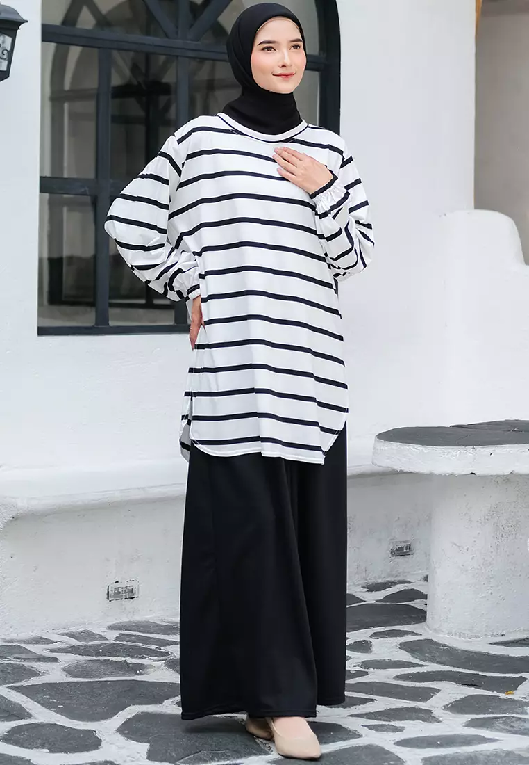 JV Hasanah Baju Kurung Oval Big Stripe White | Atasan Baju Kurung Oval Salur Besar Kaos Adem