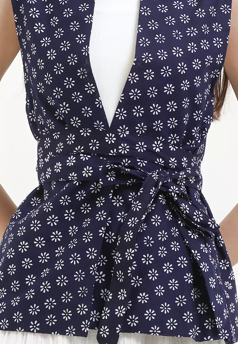 Outer Atasan Muslim Vest Batik Cap Wanita Sonya Tali Katun Premium Tanpa Lengan Navy
