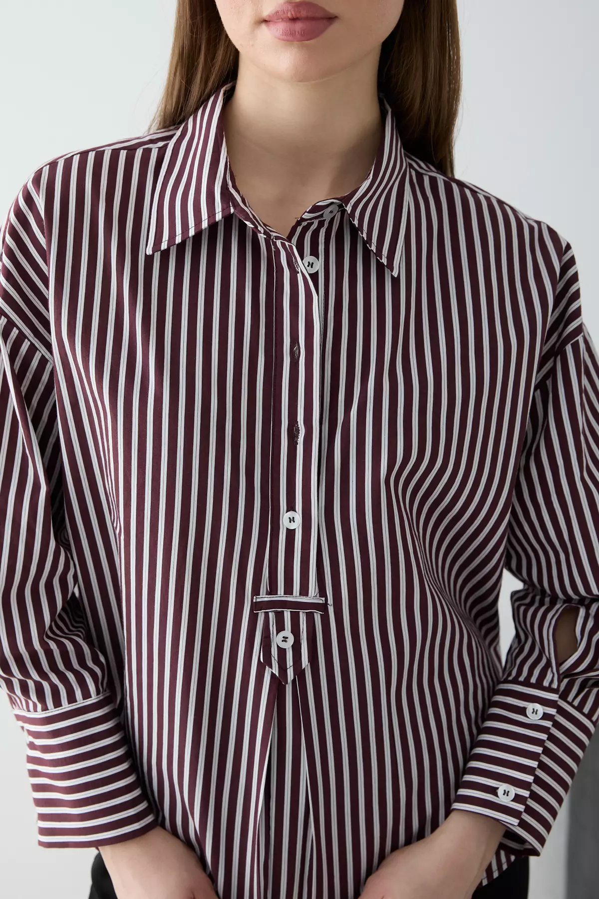 Burgundy-Ecru Striped Half-Button Oversized Woven Blouse Twoss26Bz565