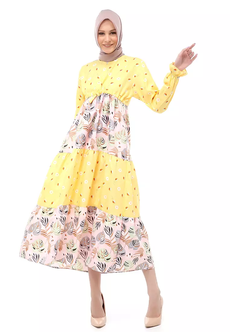 Zahra Gamis Muslimah Wanita Motif Daun Love Long Sleeve Comfortable To Wear - Pink