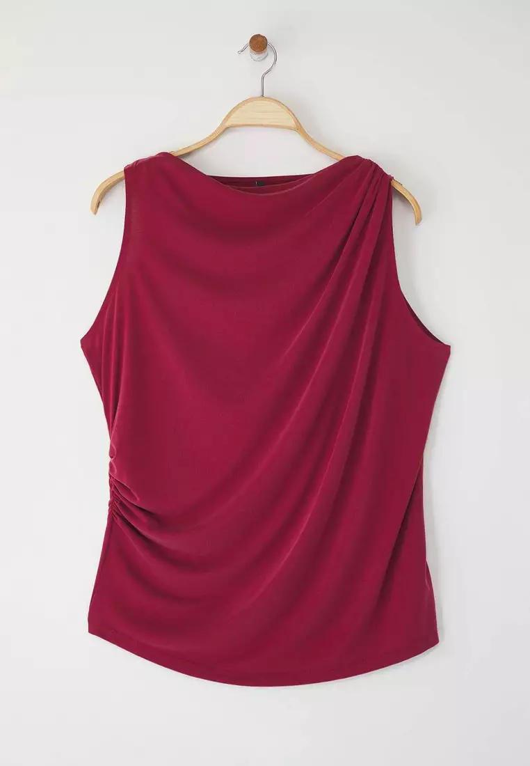 Burgundy More Sustainable Modal Content Drape Detailed Degaje Collar Knitted Large Size Blouse Tbbss25Af00114