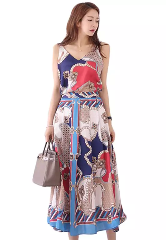 2024 S/S Korean new style sleeveless V-neck strap top fashion print pleated skirt suit CA23050408