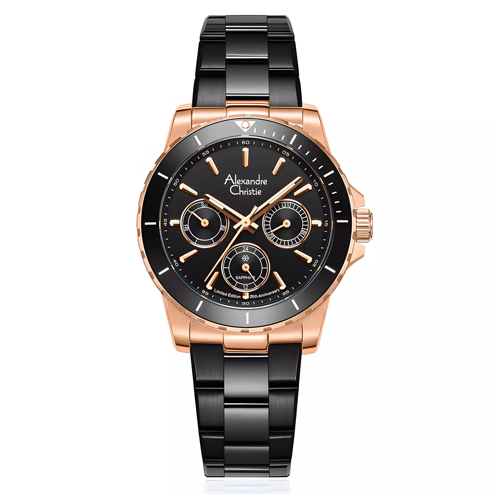Alexandre Christie 25th ANNIVERSARY Limited Edition - Jam Tangan Chronograph Wanita - Black Rose Gold - All Stainless Steel - 6141 XXVBBRBA