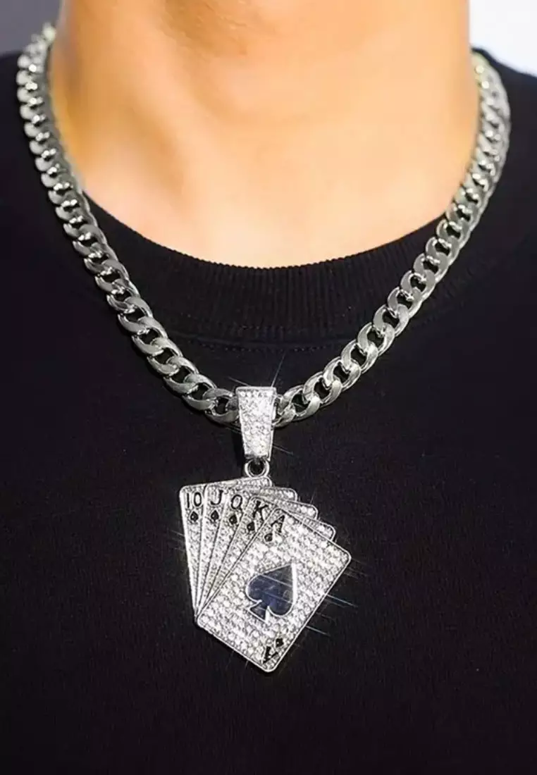 Aksesoris Pria Rhinestones Ace Of spades Studded Kalung Pria Premium Stainless Steel Necklace Silver