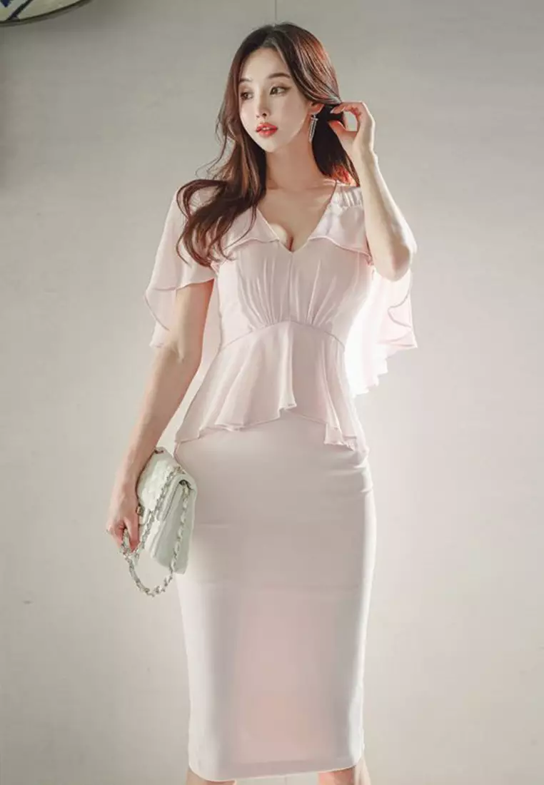 2025 New V-Neck Off-Shoulder Ruffled Hem Sexy Dress CA061349
