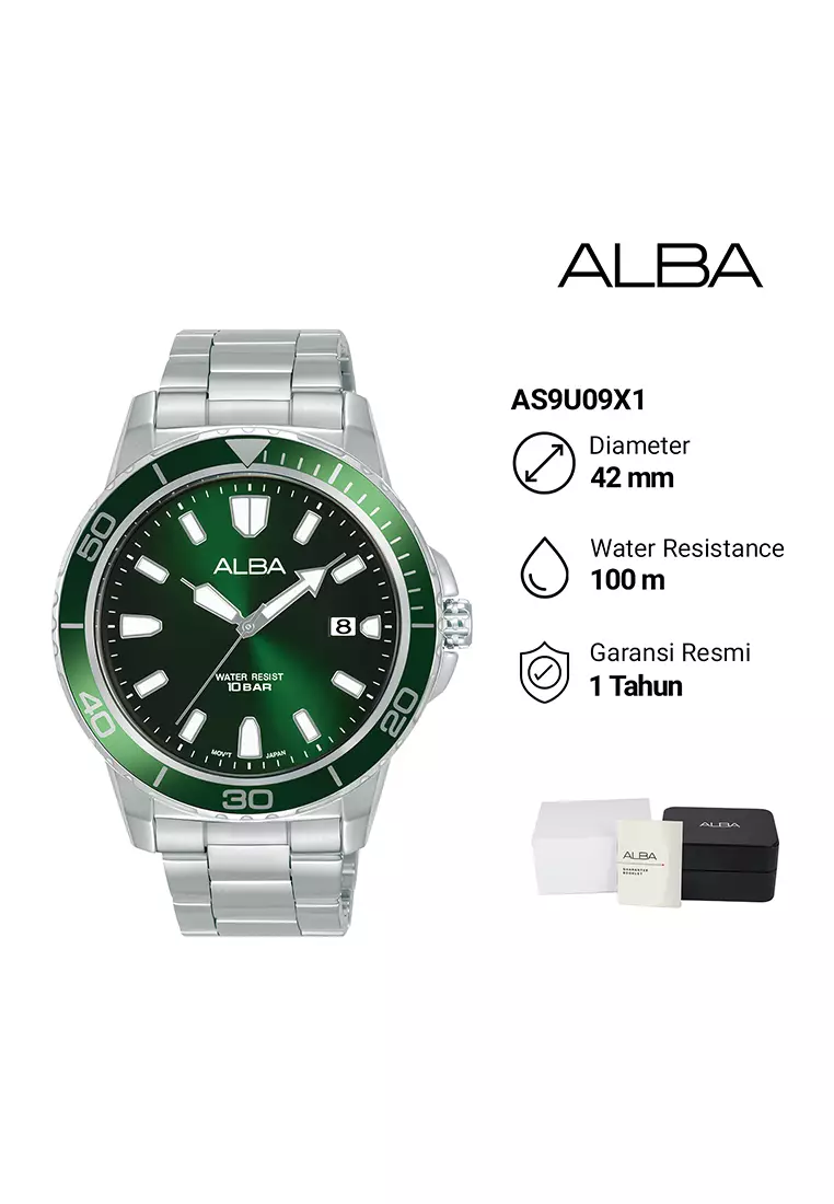 Alba Active - Jam Tangan Analog Pria - Green Dial - All Stainless Steel - AS9U09X1